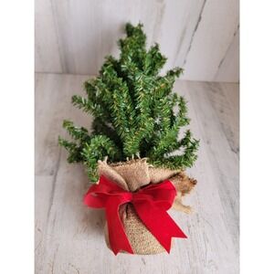 Faux mini pine tree burlap sack bow Xmas home decor centerpiece